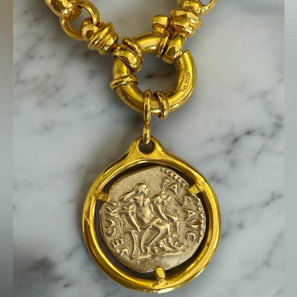 ***SOLD***Vintage 14k Yellow Gold 6mm Rolo Link Roman Coin Pendant Necklace! - Picture 6 of 16